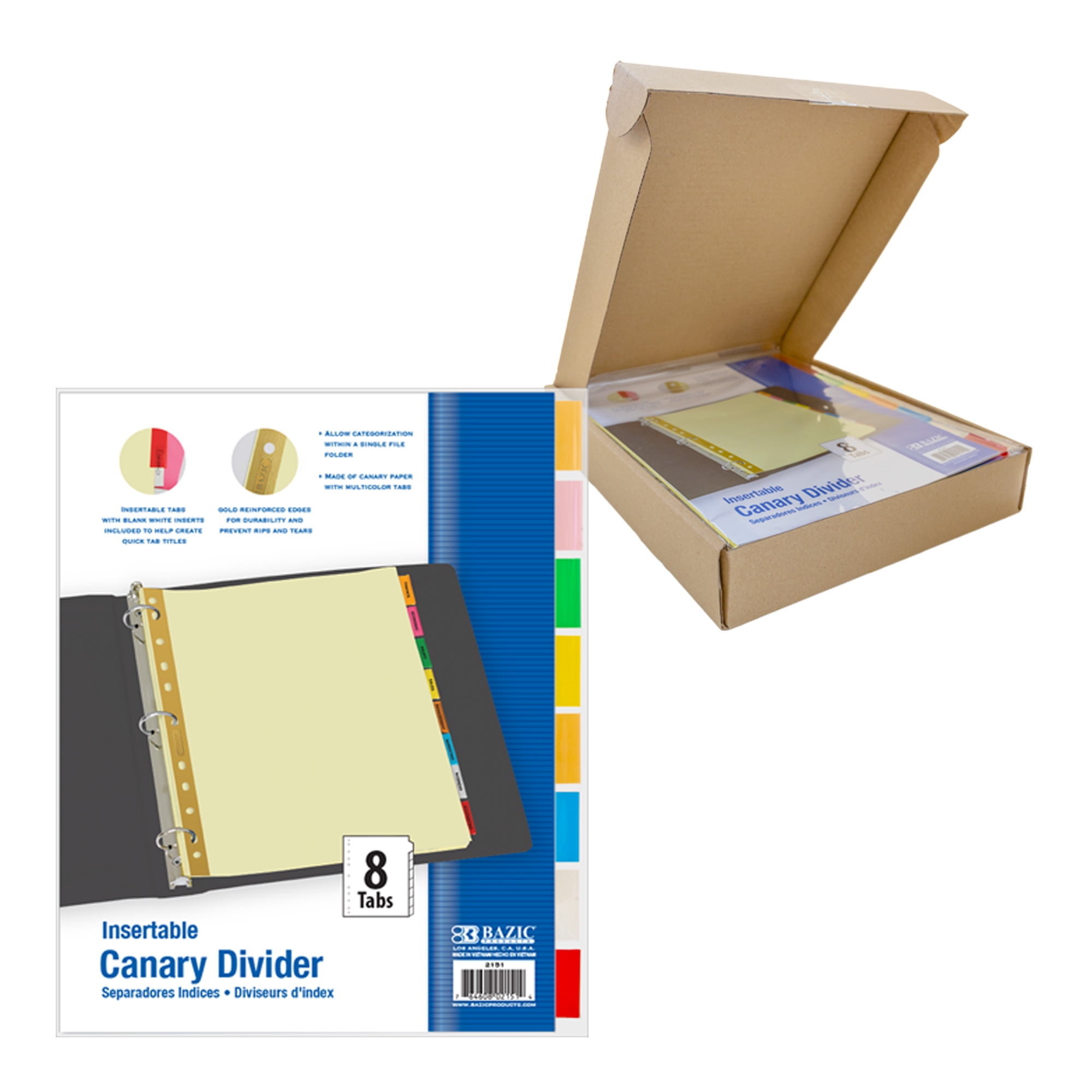 BAZIC Binder Dividers Canary Paper w/ 8 Insertable Color Tabs, 11 Hole