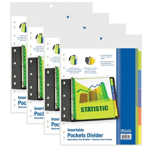 BAZIC Binder Dividers Pockets & 5 Insertable Color Index Tabs, 11 Hole (5/Pack), 4-Pack