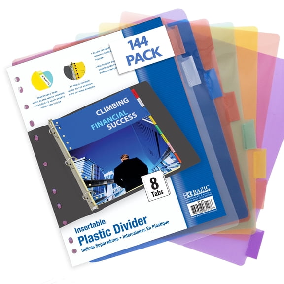 BAZIC Binder Dividers w/ 8 Insertable Color Tabs, 11 Hole Punch Plastic Index Divider with Tab (8/Pack), 144-Packs