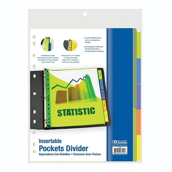 BAZIC Binder Dividers w/ Pockets & 5 Insertable Color Tabs, 11 Hole Punch Plastic Index Divider with Tab (5/Pack), 144-Packs