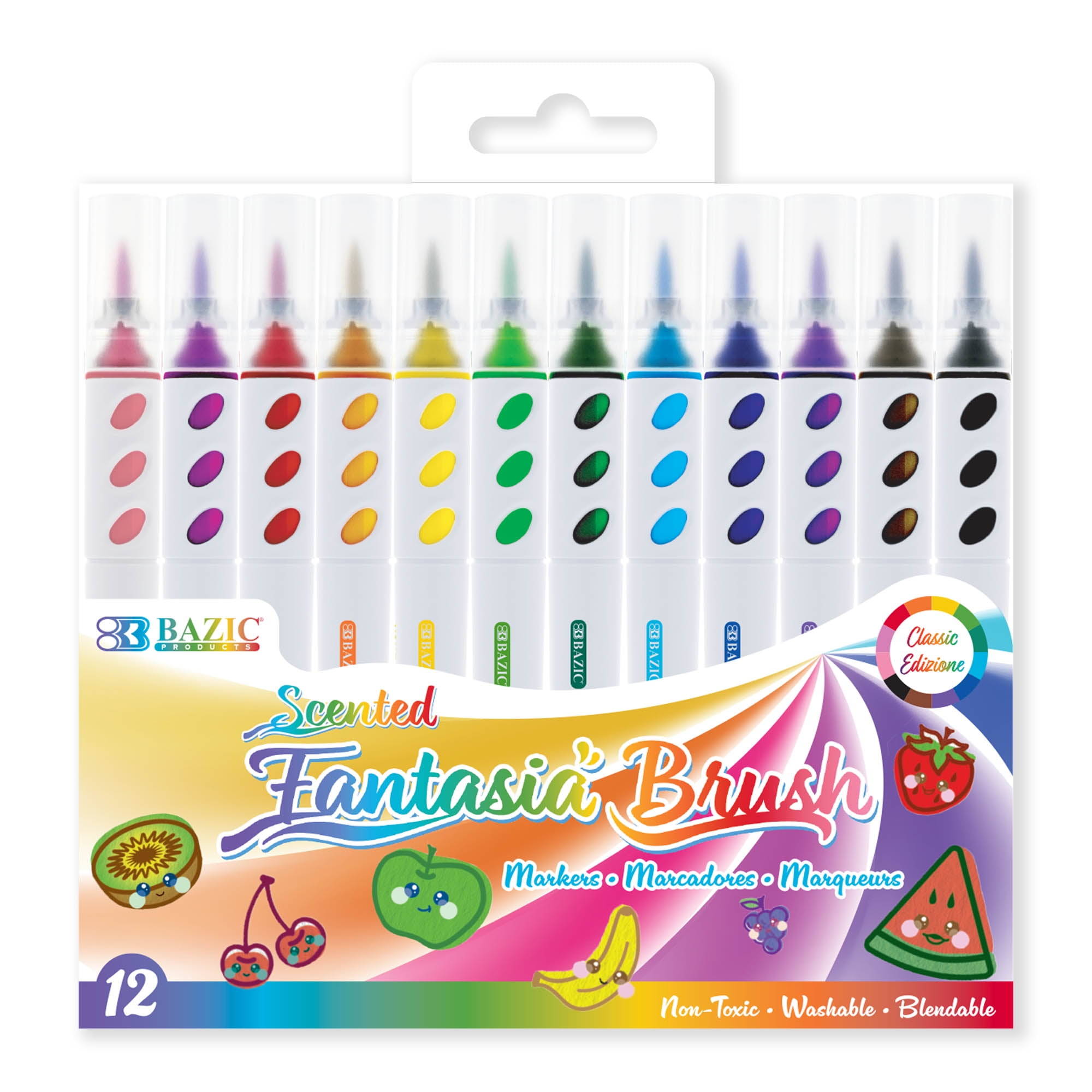 BAZIC Brush Markers 12 Classic Colors, Scented Edition, Fine Line Washable Coloring Marker (12/Pack), 72-Packs