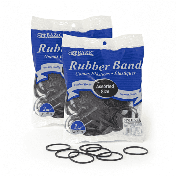 BAZIC Black Color Rubber Bands 2 Oz Assorted Sizes, 2-Packs