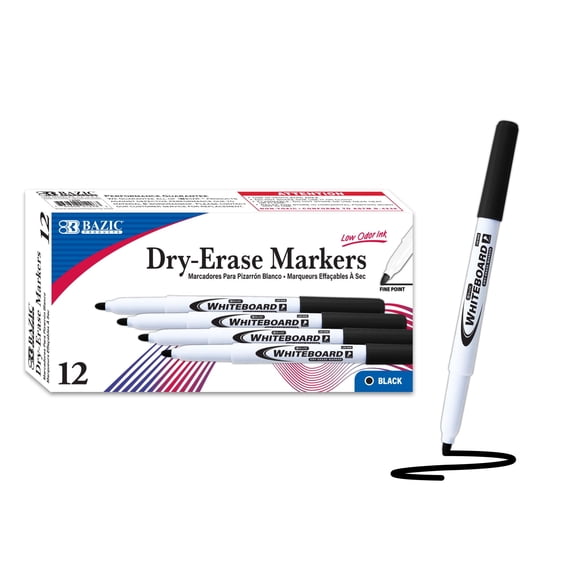 BAZIC Black Fine Tip Dry Erase Markers, Low-Odor, 12 Count Box
