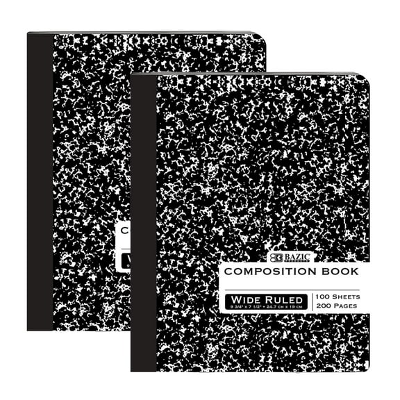 BAZIC Black Marble Composition Book Wide Ruled 100 Sheet, 2-Packs