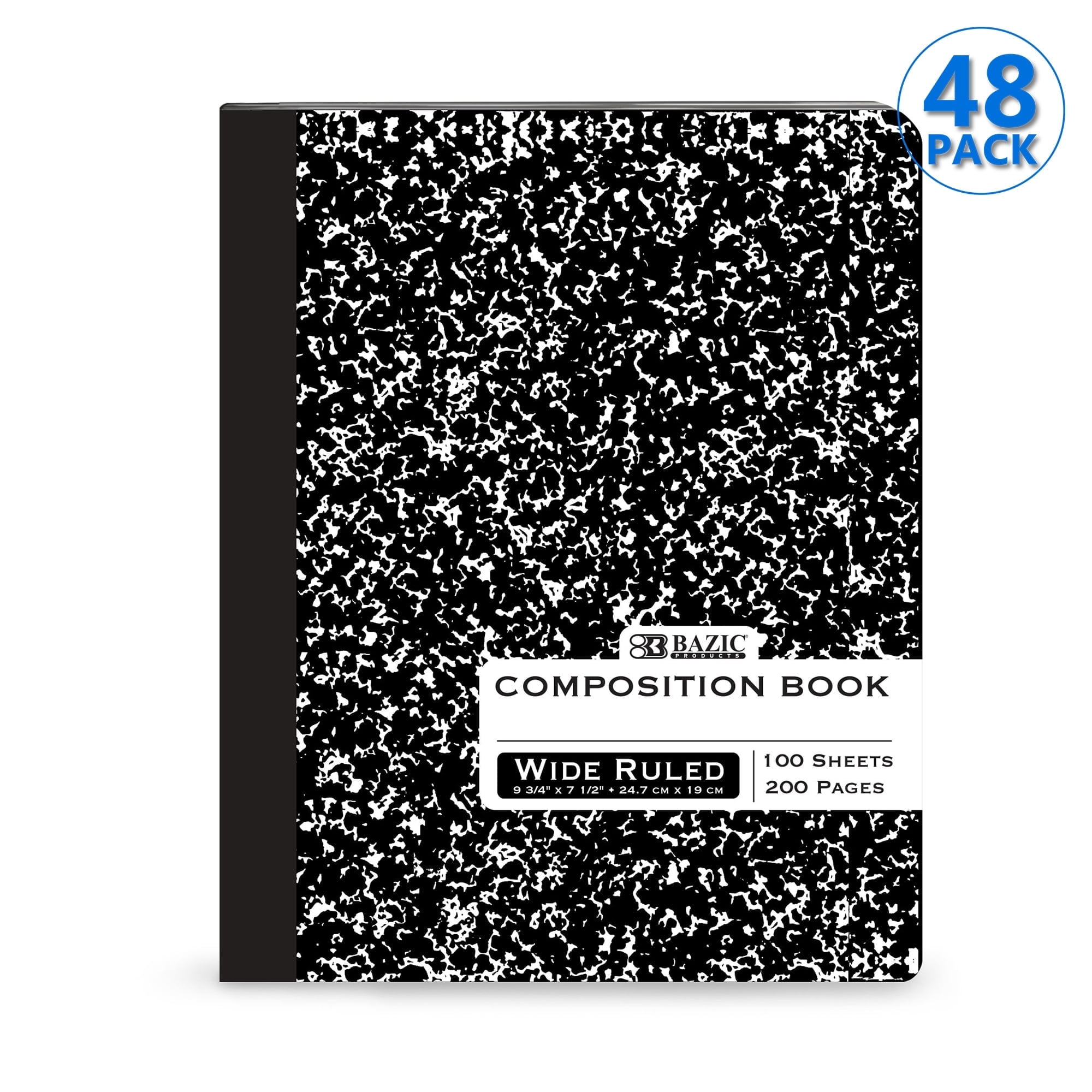 Walmart discounts of BAZIC Wide Ruled Black Marble Composition Notebook, Bound Cover, 100 Sheets, 48-Pack