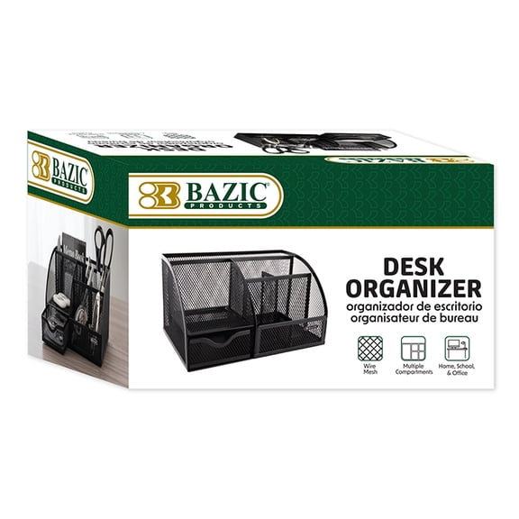 BAZIC Black Wire Mesh Desk Organizer With Drawer, Office and School