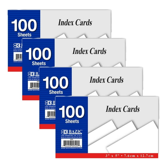 BAZIC Blank Index Cards 3" X 5" 200 Count, White Unruled Flashcards (100/Pack), 4-Packs