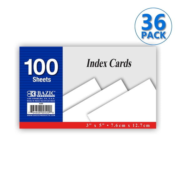 BAZIC Blank Index Cards 3"X5" 3600 Count, White Unruled Flashcards