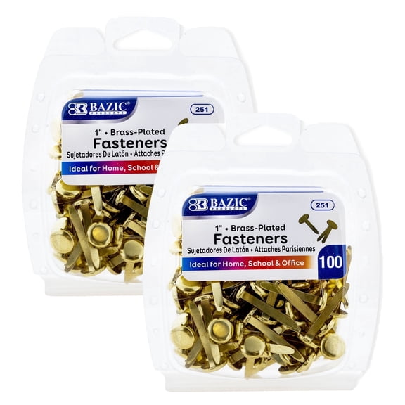 BAZIC Brass Plated Fasteners 1 Inch, Round Head Paper Fastener Brads (100/Pack), 2-Pack