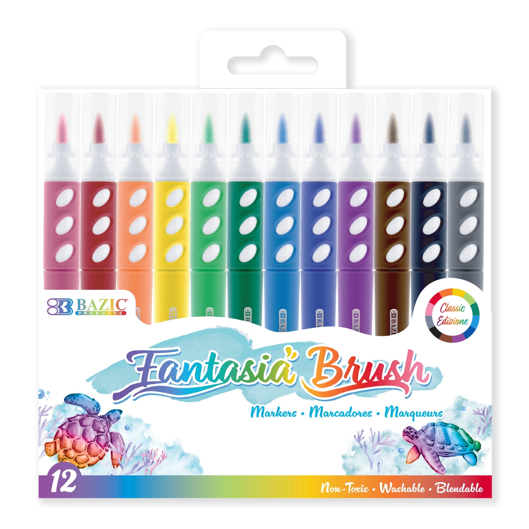 BAZIC Brush Markers 12 Classic Colors, Fine Line Washable Coloring Marker (12/Pack), 72-Packs