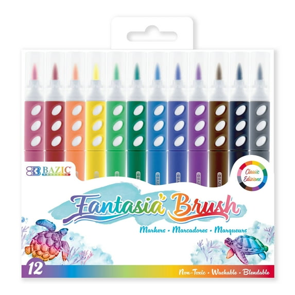 BAZIC Brush Markers 12 Classic Colors, Fine Line Washable Coloring Marker (12/Pack), 72-Packs