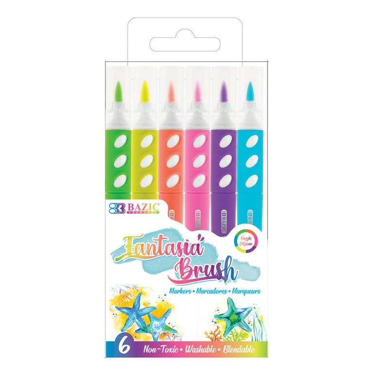 BAZIC Brush Markers 6 Neon Colors, Fine Line Washable Coloring Marker  (6/Pack), 24-Packs 