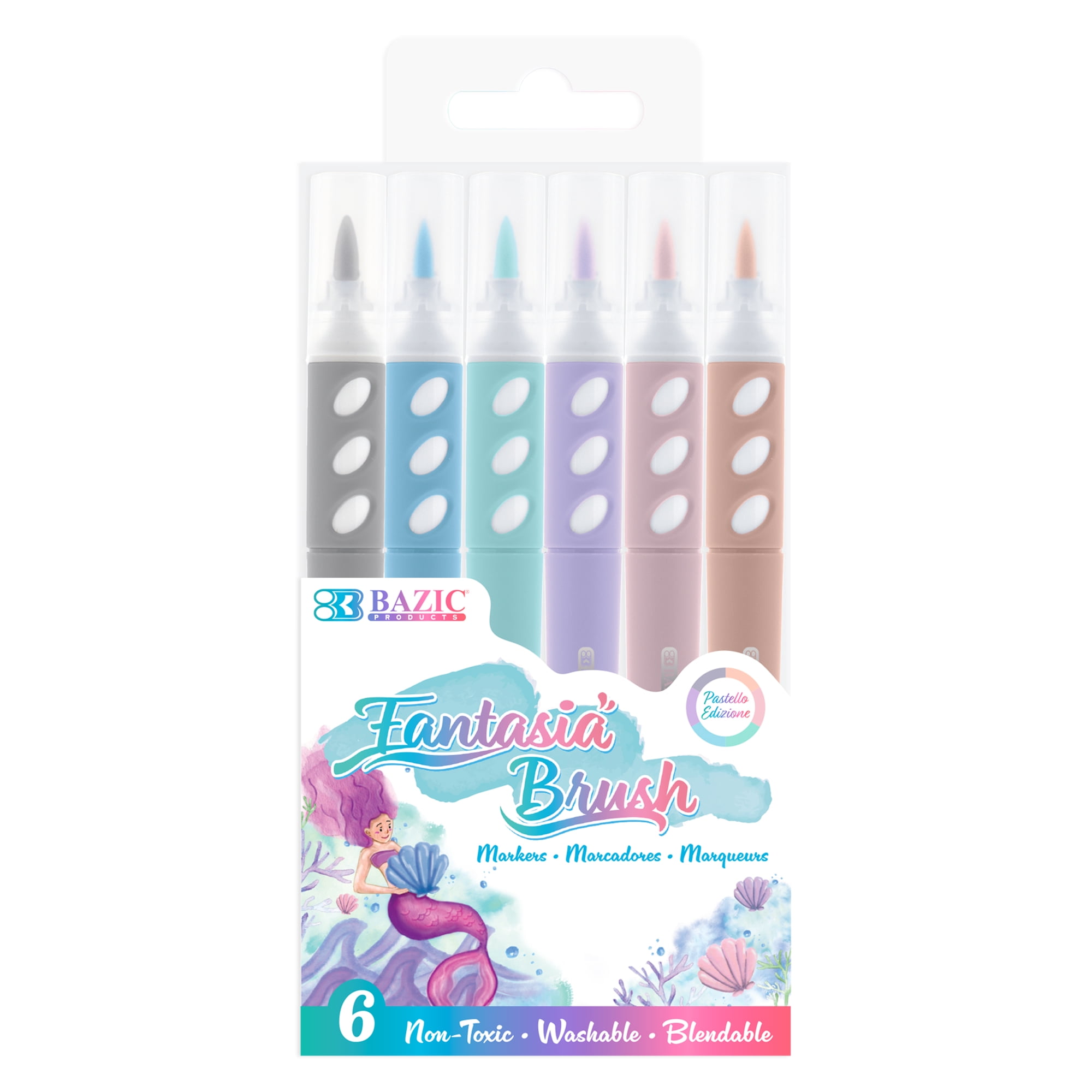 BAZIC Brush Markers 6 Pastel Colors, Fine Line Washable Coloring Marker (6/Pack), 24-Packs