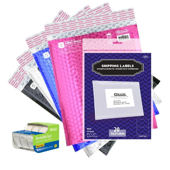 BAZIC Bubble Mailer Bundle, Large 4 Poly Bubble Mailers, 20 Shipping Labels, 3 Invisible Tape Dispensers, Waterproof Padded Bag for Shipping