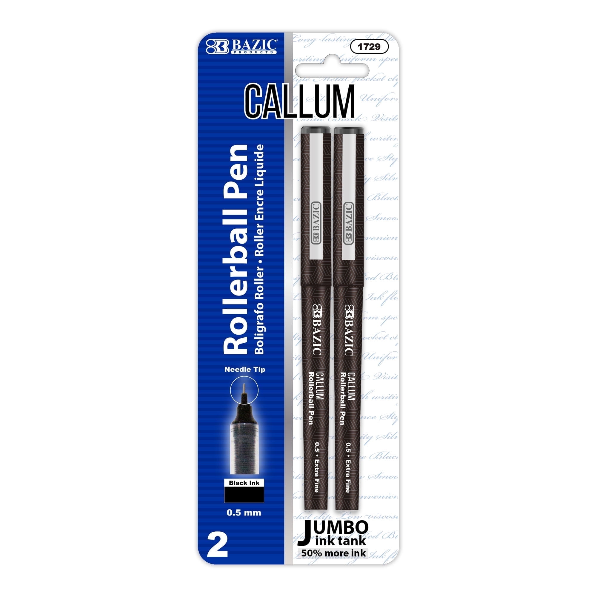 BAZIC Callum 0.5mm Rollerball Pen, Black Ink Needle Tip Fine Point Ink Pens (2/Pack), 24-Packs
