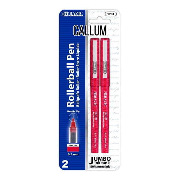 BAZIC Callum 0.5mm Rollerball Pen, Red Ink Needle Tip Fine Point Ink Pens (2/Pack), 1-Pack