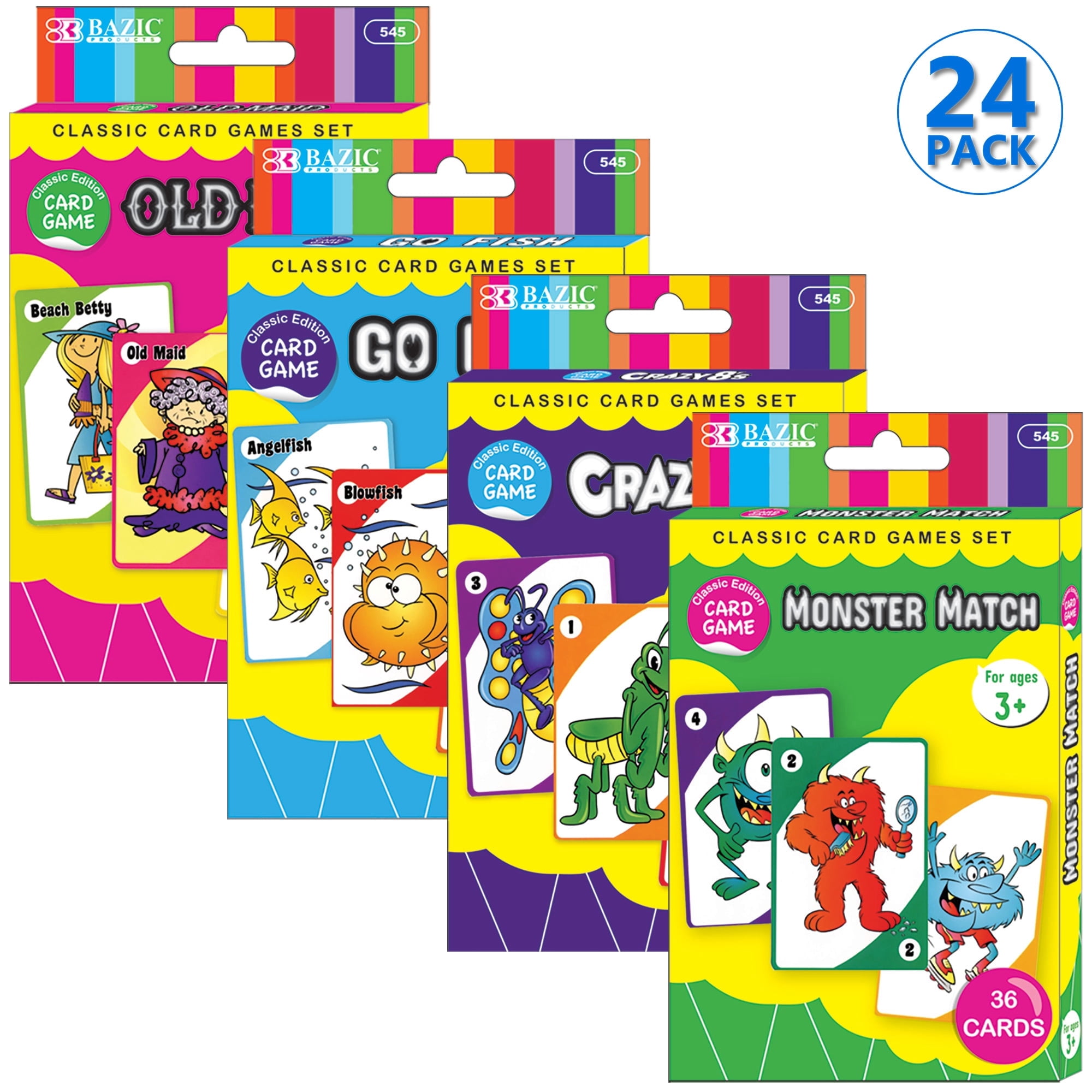 BAZIC Cards Game Go Fish, Monster Match, Old Maid, Crazy 8's (36