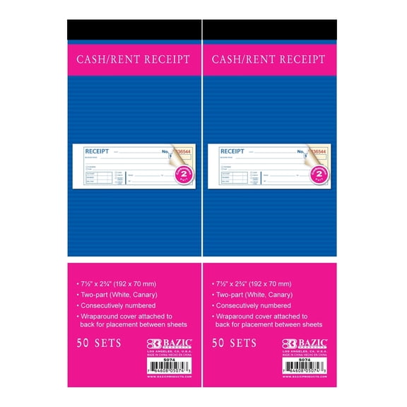 BAZIC Cash Money Rent Receipt Book, 50 Sets 7 1/2"x2 3/4" 2-Part Carbonless, 2-Pack