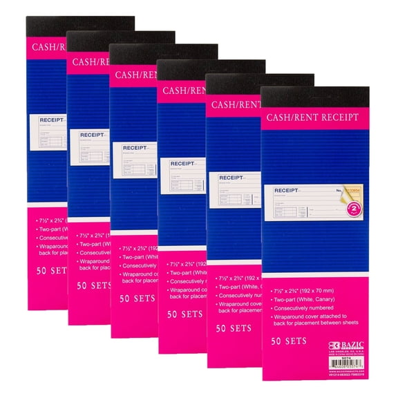 BAZIC Cash Money Rent Receipt Book, 50 Sets 7 1/2"x2 3/4" 2-Part Carbonless, 6-Pack