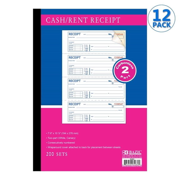 BAZIC Cash Money Rent Spiral Bound Receipt Book, 200 Sets 7 5/8"x10 7/8" 2-Part Carbonless, 12-Packs