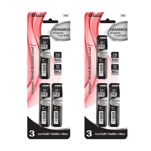 BAZIC Ceramics Mechanical Pencil Lead Refills 2B 0.5mm (36 Count/Pack), 2-Packs