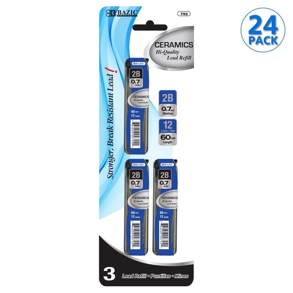 BAZIC Ceramics Mechanical Pencil Lead Refills 2B 0.7mm (36 Count/Pack), 24-Pack