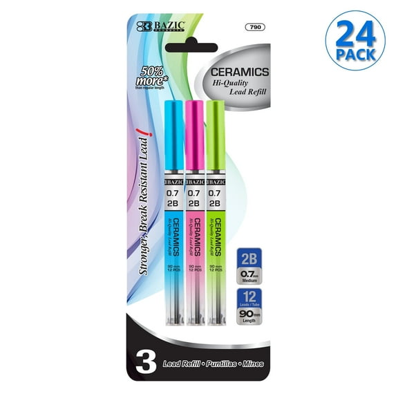 BAZIC Ceramics Mechanical Pencil Lead Refills 2B 0.7mm (36 Count/Pack), 24-Pack