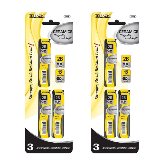 BAZIC Ceramics Mechanical Pencil Lead Refills 2B 0.9mm (36 Count/Pack), 2-Packs