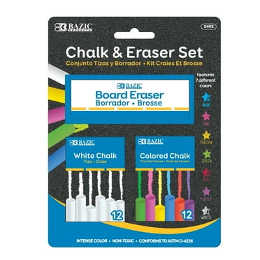 BAZIC Chalk Set, Colored 12 Pcs + White 12 Pcs + Chalkboard Eraser, 1-Pack
