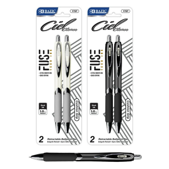 BAZIC Ciel Chroma Fuse Tech Ink Retractable Pen, 1.0 mm Medium Point Black Ink, Quick Dry (2/Pack), 2-Packs