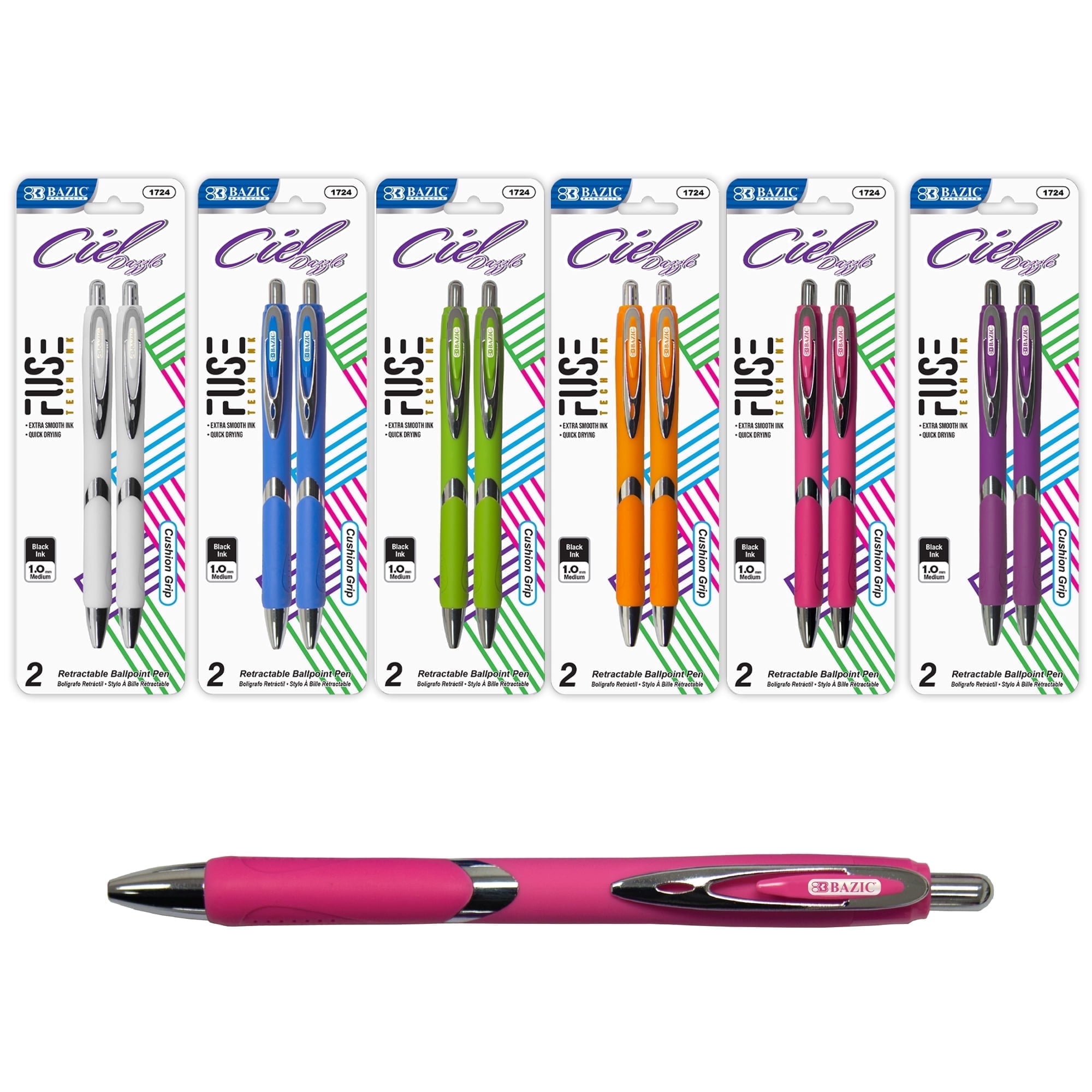 BAZIC Ciel Fuse Tech Ink Retractable Pen w/ Rubber Barrel, 1.0mm (2/Pack), 24-Pack