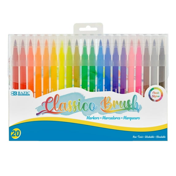 BAZIC Classico Brush Markers 20 Colors, Fine Line Washable Coloring Marker, Non Toxic Art Supplies (20/Pack), 12-Packs