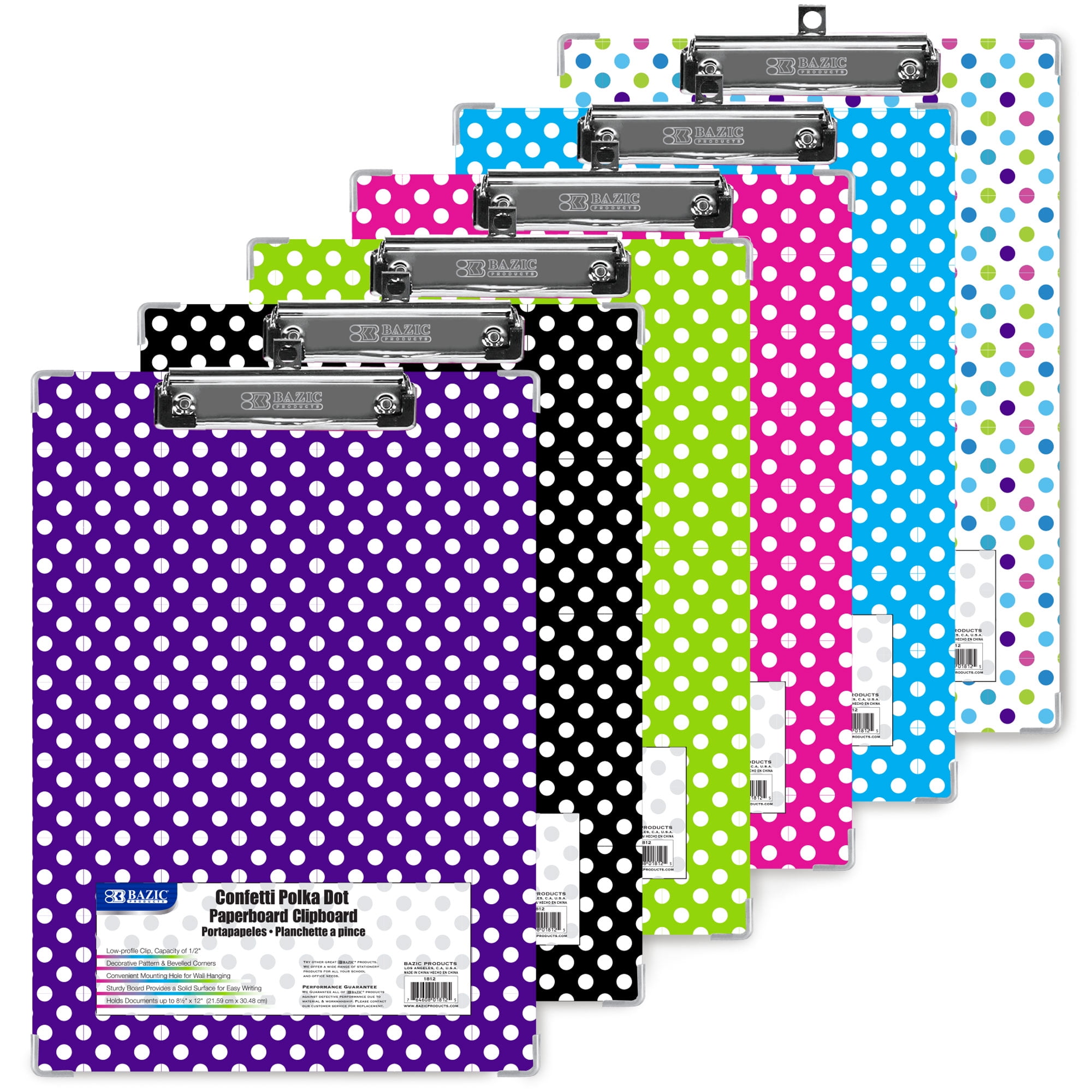 BAZIC Clipboard Polka Dot 12.75"x9" Low Profile Clip Paperboard, 6-Pack