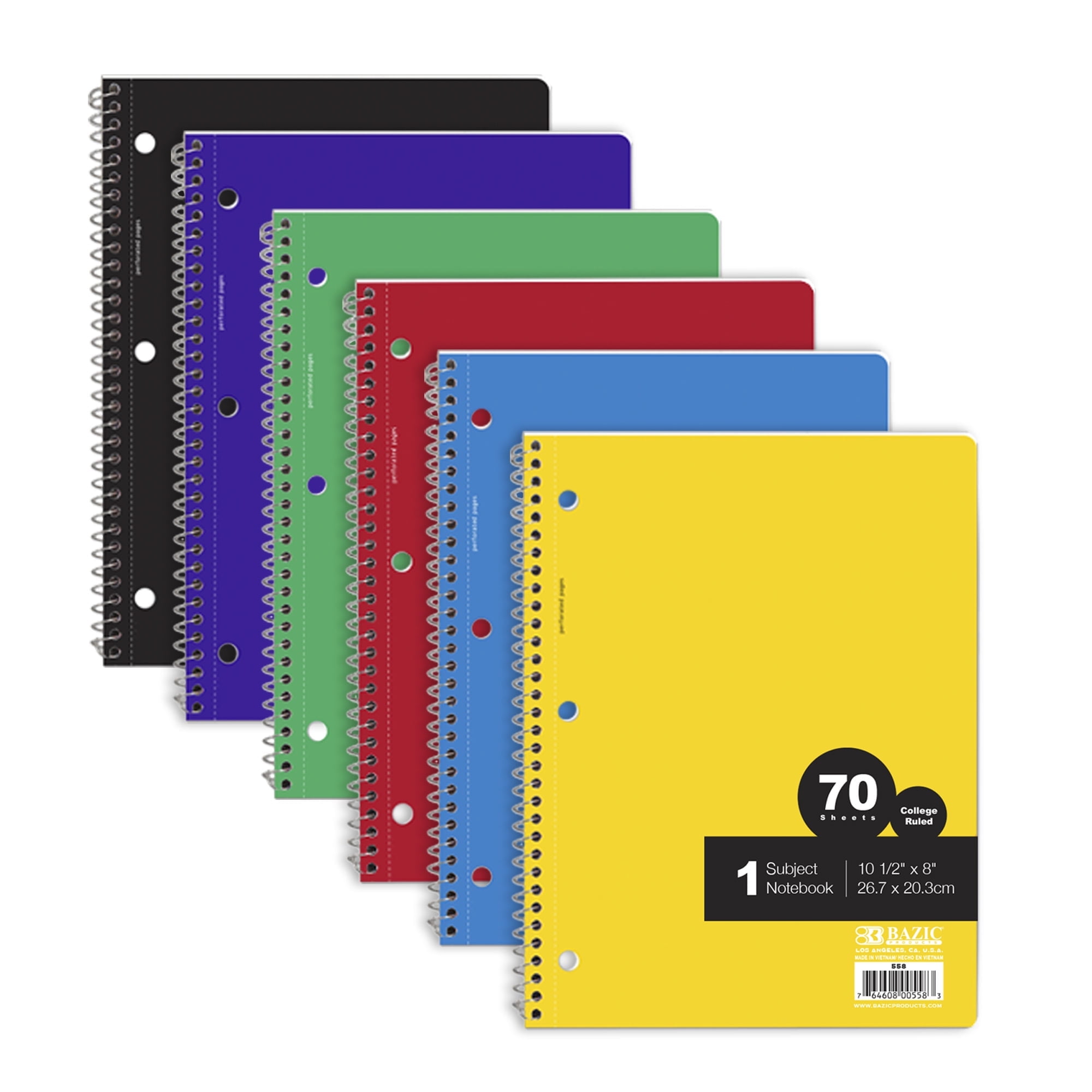 BAZIC College Ruled 1 Subject Spiral Notebooks 70 Sheets, Assorted Color, 24-Pack