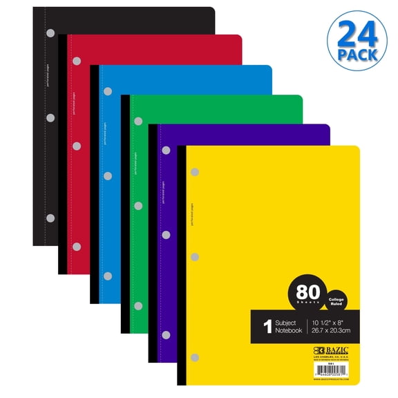 BAZIC College Ruled 1 Subject Wireless Notebooks 80 Sheets, Assorted Color, 24-Pack