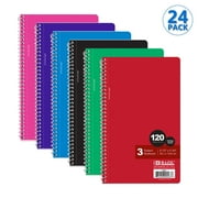 BAZIC College Ruled 3 Subject Spiral Notebooks 120 Sheets 9.5"x5.75", 24-Pack