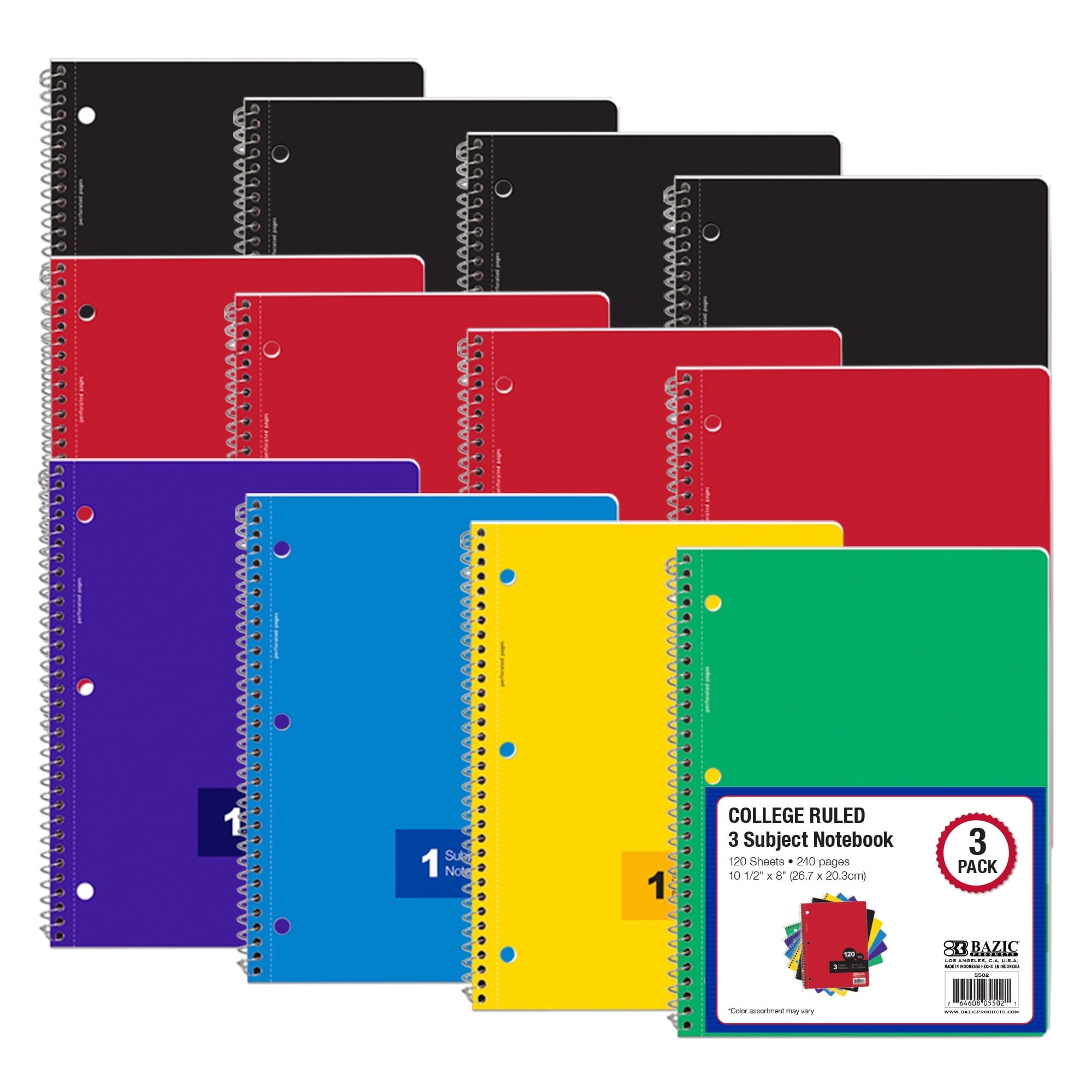 BAZIC College Ruled 3 Subject Spiral Notebooks 120 Sheets, Assorted Color, 12-Count