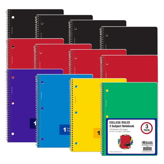 BAZIC College Ruled 3 Subject Spiral Notebooks 120 Sheets, Assorted Color, 24-Count