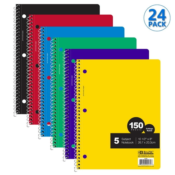 BAZIC College Ruled 5 Subject Spiral Notebooks 150 Sheets, Assorted Color, 24-Pack