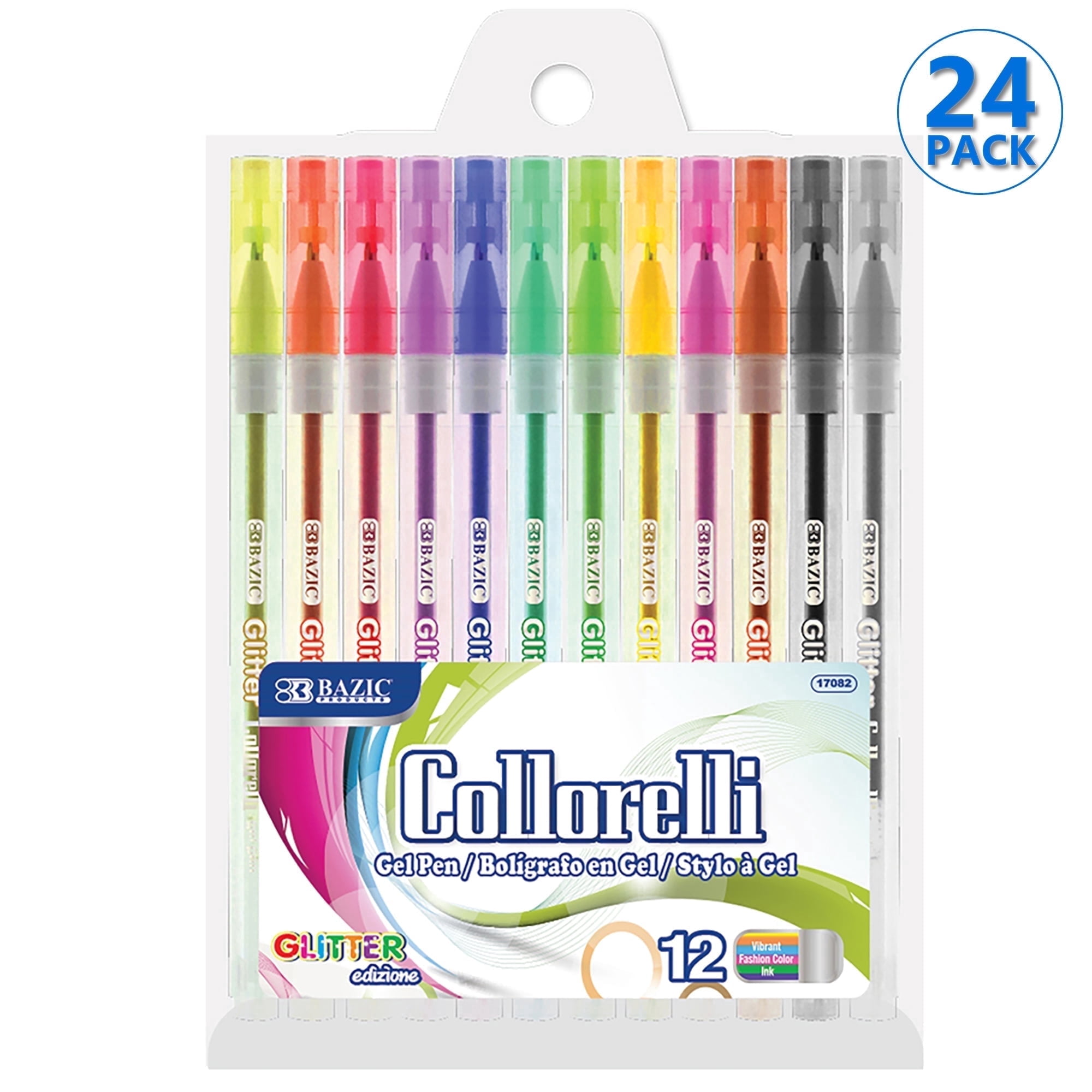 BAZIC Collorelli Gel Pen 1.0mm Glitter Color, Smooth Write, (12/Pack), 24-Pack