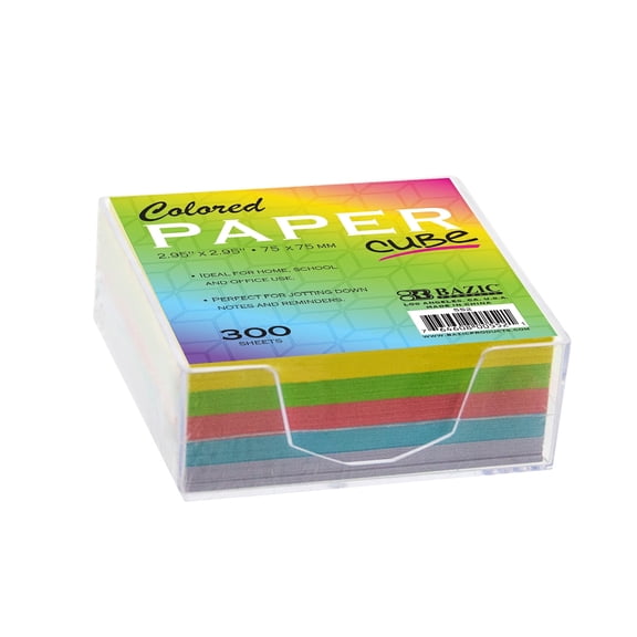BAZIC Color Meno Paper Cube w/ Tray, 3" X 3" 300 Count/Pack, 1-Pack