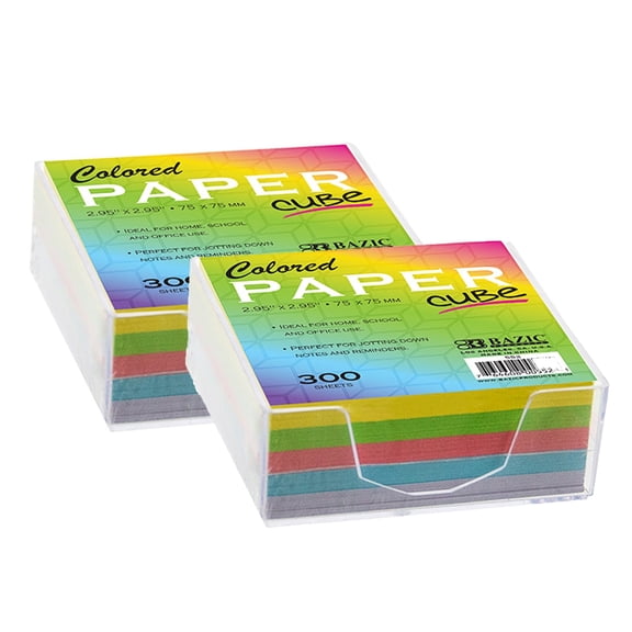 BAZIC Color Meno Paper Cube w/ Tray, 3" X 3" 300 Count/Pack, 2-Packs