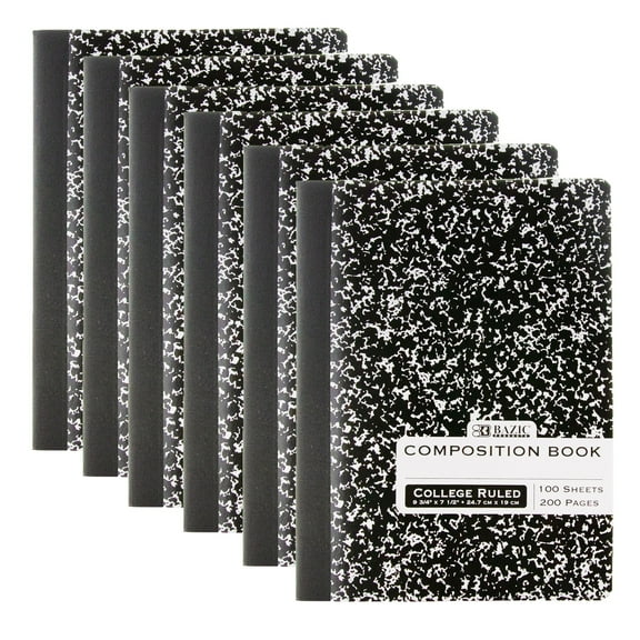 BAZIC Composition Book Black Marble College Ruled 100 Sheet Notebook, 6-Pack