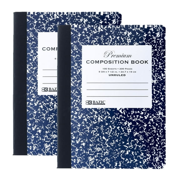 BAZIC Composition Book Blue Marble Unruled Ruled 100 Sheet Notebook, 2-Pack