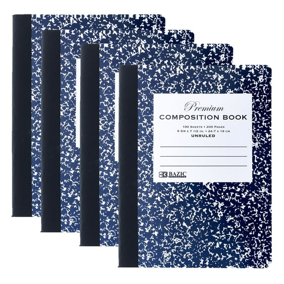 BAZIC Composition Book Blue Marble Unruled Ruled 100 Sheet Notebook, 4-Pack