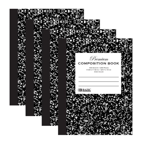 BAZIC Composition Book Wide Ruled 100 Sheet, Premium Black Marble Notebook, 4-Pack