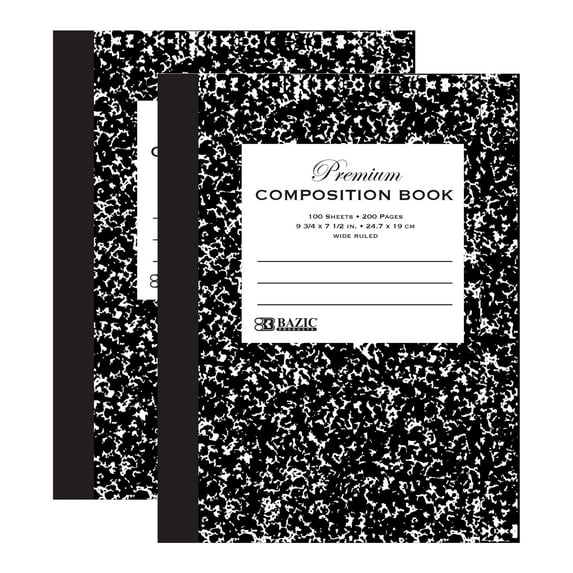 BAZIC Composition Book Wide Ruled 100 Sheet, Premium Black Marble Notebook, 4-Pack