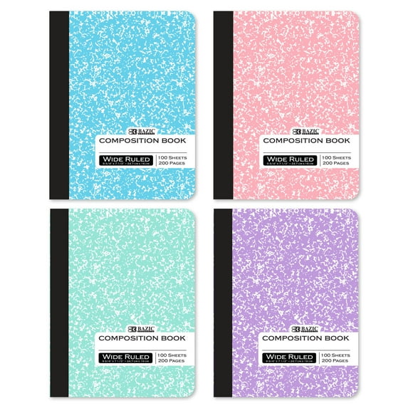 BAZIC Composition Notebook Wide Ruled, 100 Sheets Pastel Colors Marble Cover Notebooks, 48-Pack