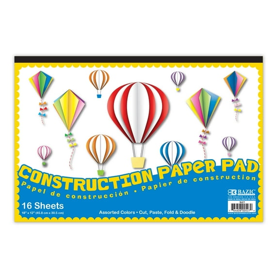 BAZIC Construction Paper Pad 16 Sheet 18"x12" Assorted Colors, 1-Pack