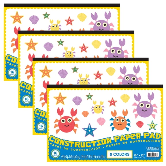 BAZIC Construction Paper Pad 16 Sheet 18"x12" Assorted Colors, 4-Pack
